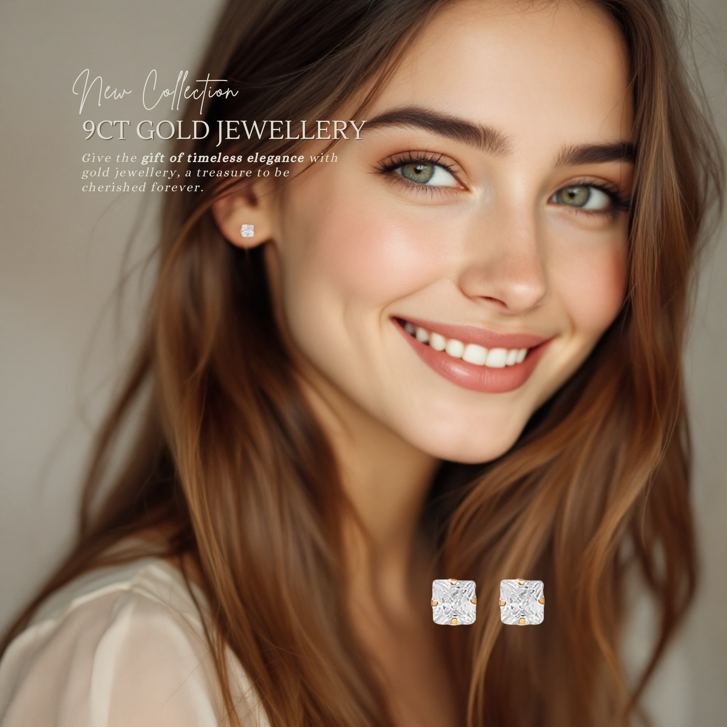 9ct Yellow Gold C/Z 4mm Square Stud Earrings