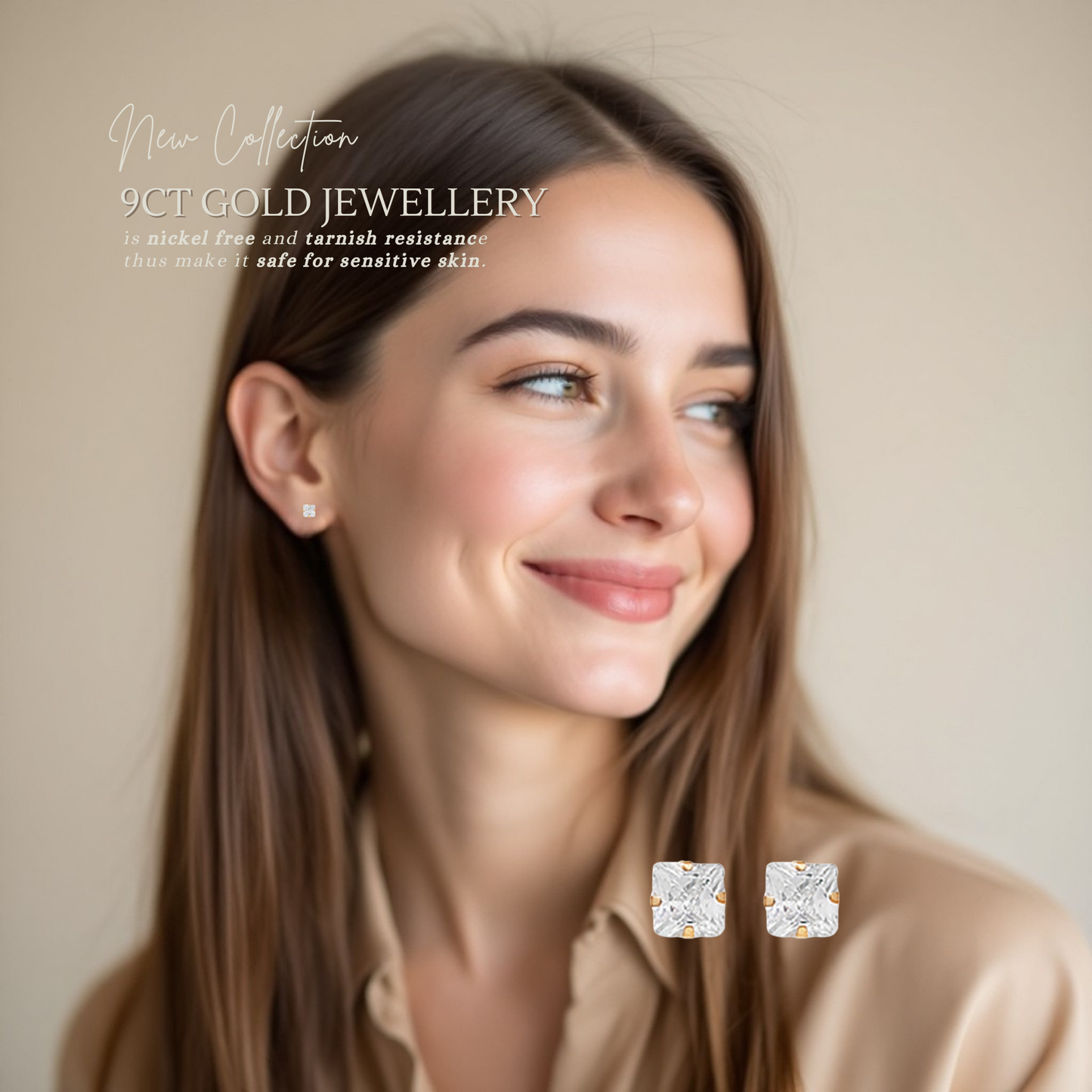 9ct Yellow Gold C/Z 4mm Square Stud Earrings