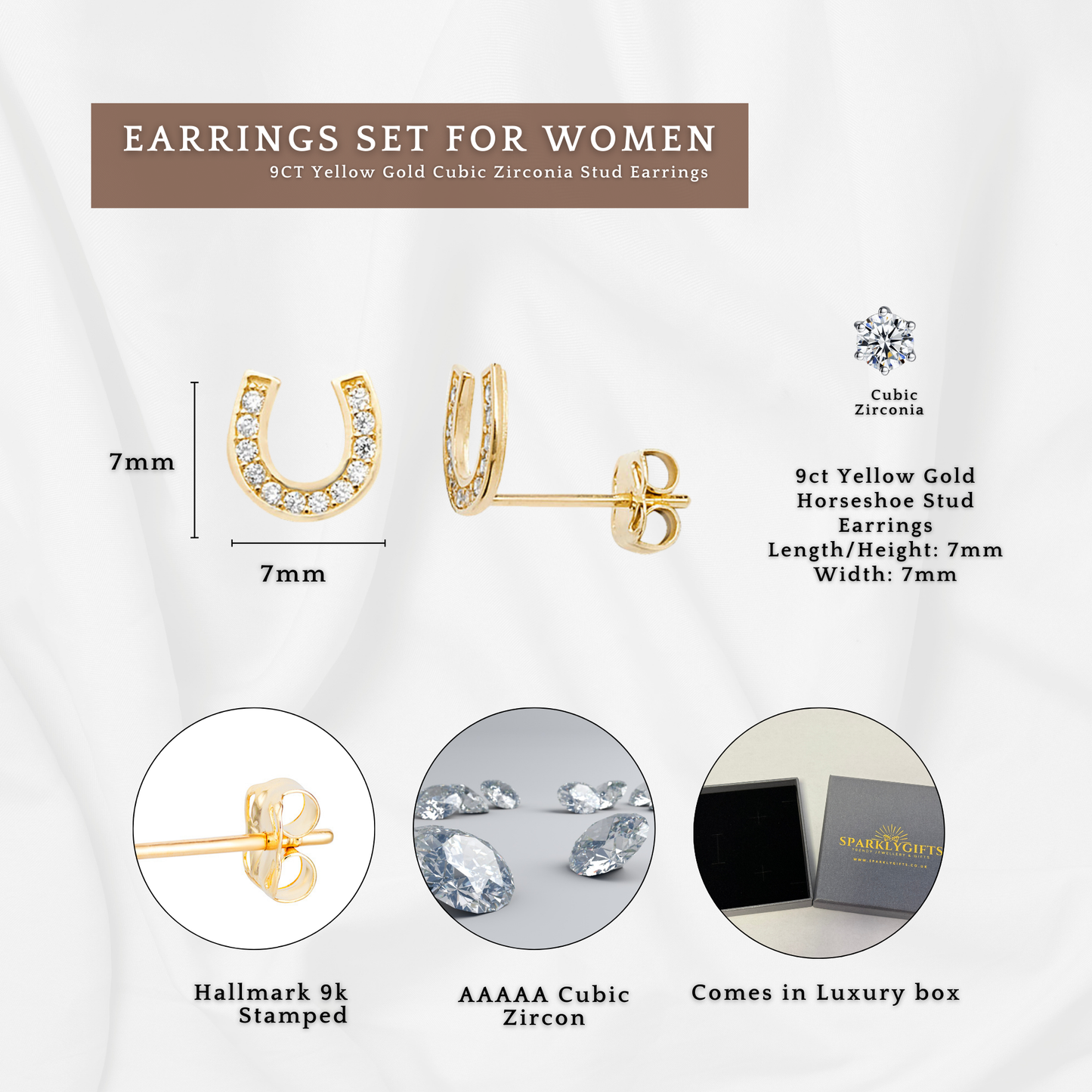 9ct Yellow Gold C/Z Horse Shoe Infinity Halo 3 Pairs Stud Earrings Set