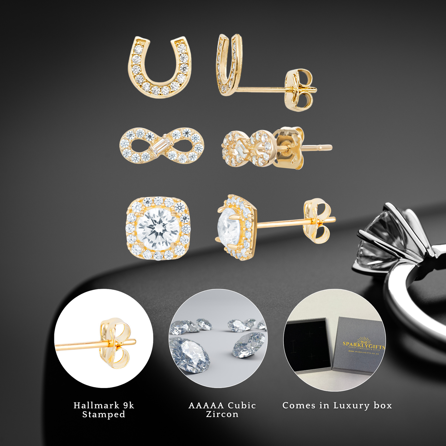 9ct Yellow Gold C/Z Horse Shoe Infinity Halo 3 Pairs Stud Earrings Set