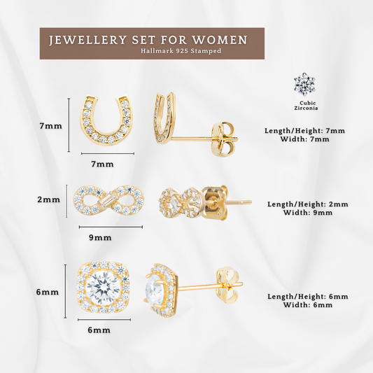 9ct Yellow Gold C/Z Horse Shoe Infinity Halo 3 Pairs Stud Earrings Set