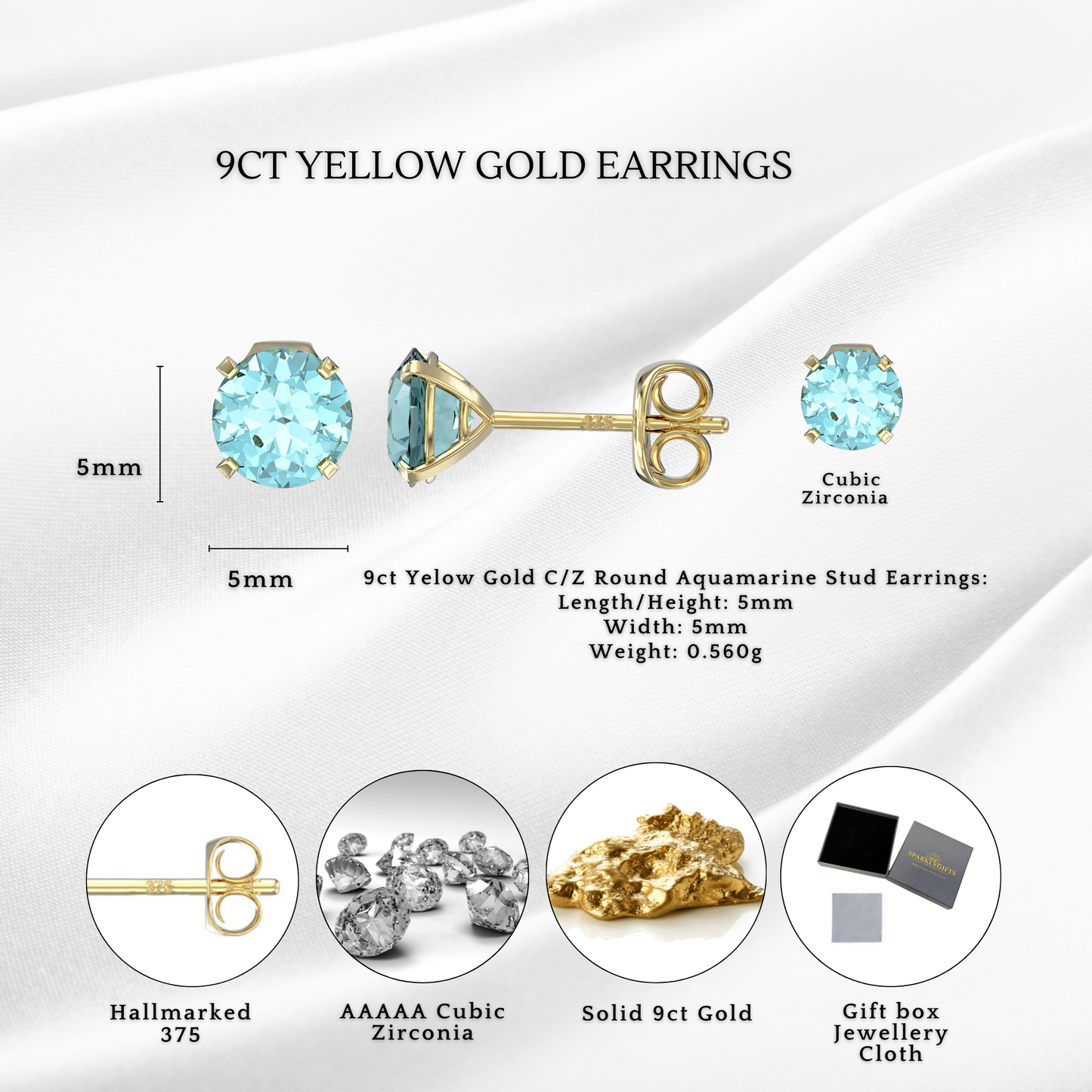 9ct Yellow Gold C/Z Aquamarine 5mm Stud Earrings