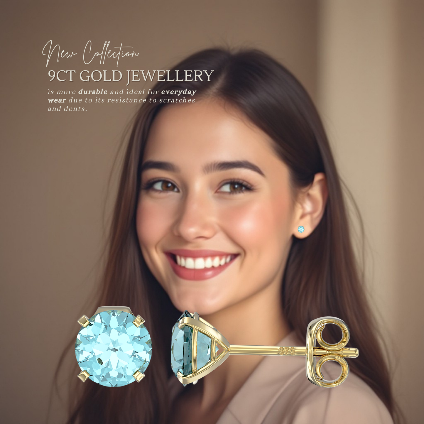 9ct Yellow Gold C/Z Aquamarine 5mm Stud Earrings