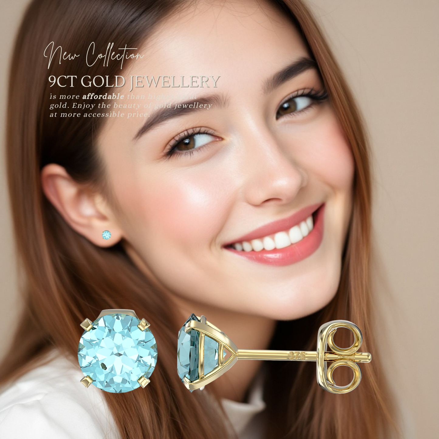 9ct Yellow Gold C/Z Aquamarine 5mm Stud Earrings