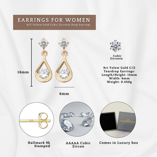 9ct Yelow Gold C/Z 14mm Teardrop Earrings