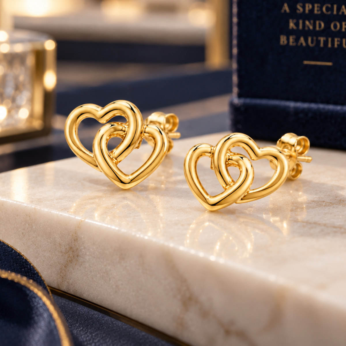 9ct Gold Interlocking Double Heart Stud Earrings 6mm*8mm