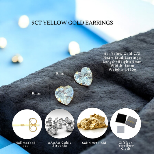 9ct Gold Cubic Zirconia 9mm Heart Stud Earrings