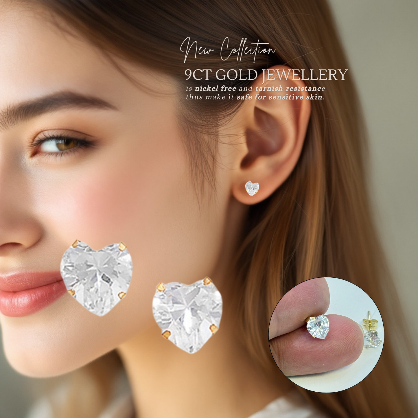 9ct Gold Cubic Zirconia 9mm Heart Stud Earrings
