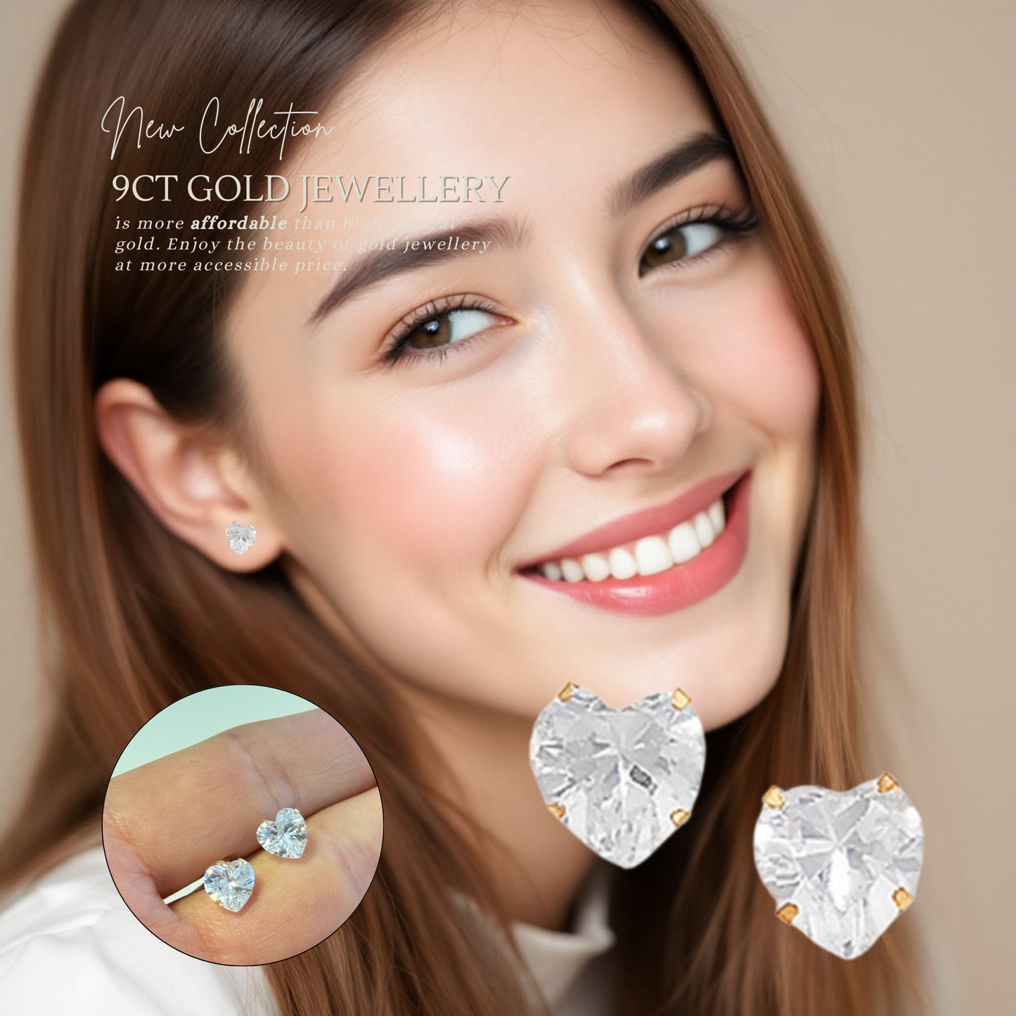9ct Gold Cubic Zirconia 9mm Heart Stud Earrings