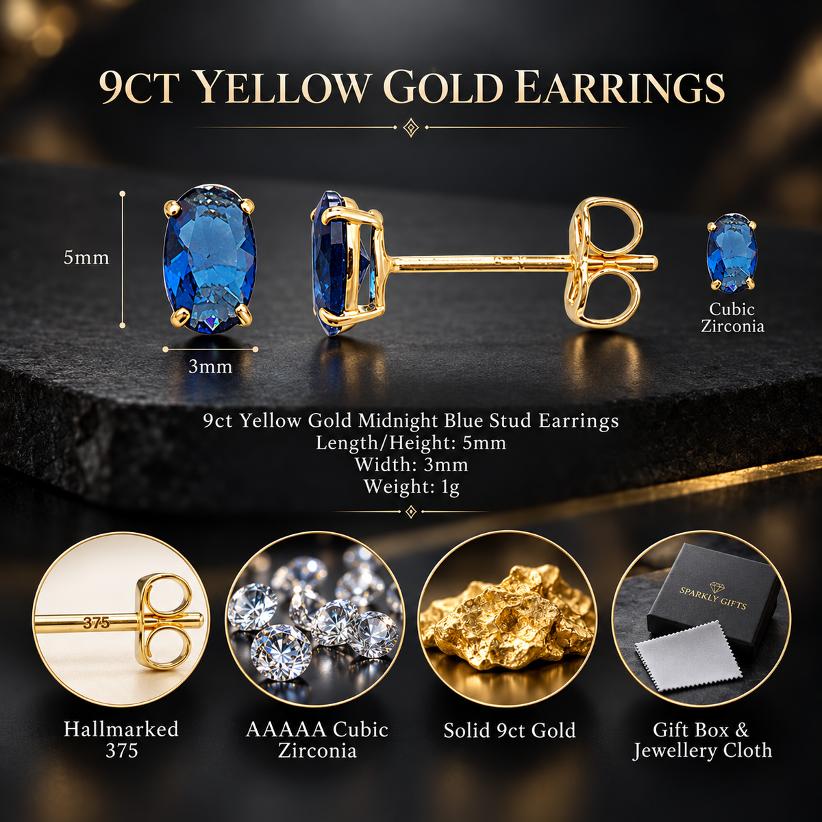 9ct Gold Blue Oval Stud Earrings 5mm*3mm
