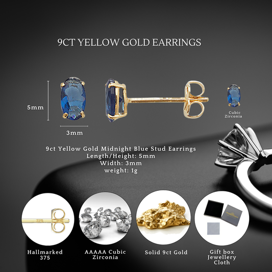9ct Gold Midnight Blue Oval 5mmx3mm Stud Earrings