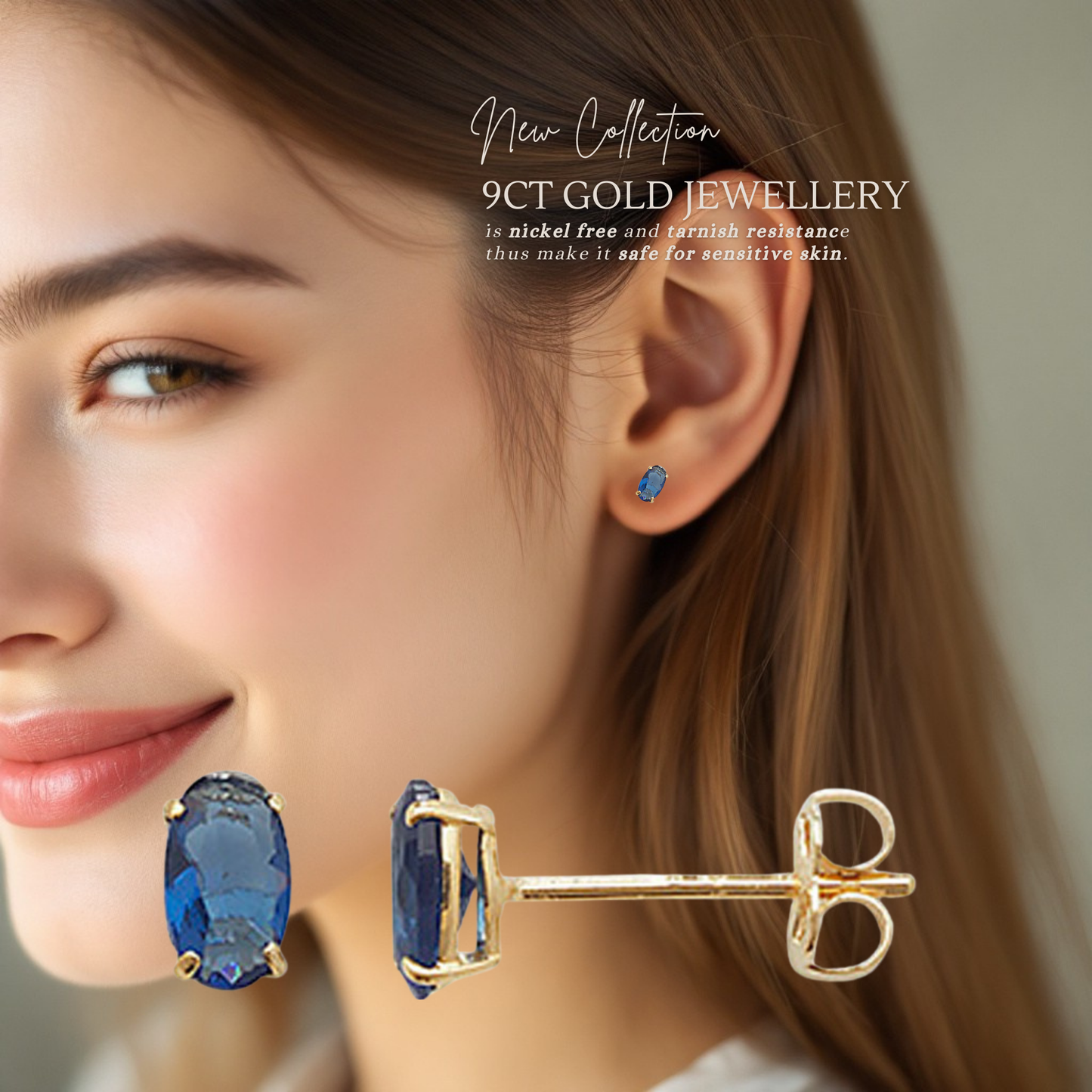 9ct Gold Midnight Blue Oval 5mmx3mm Stud Earrings