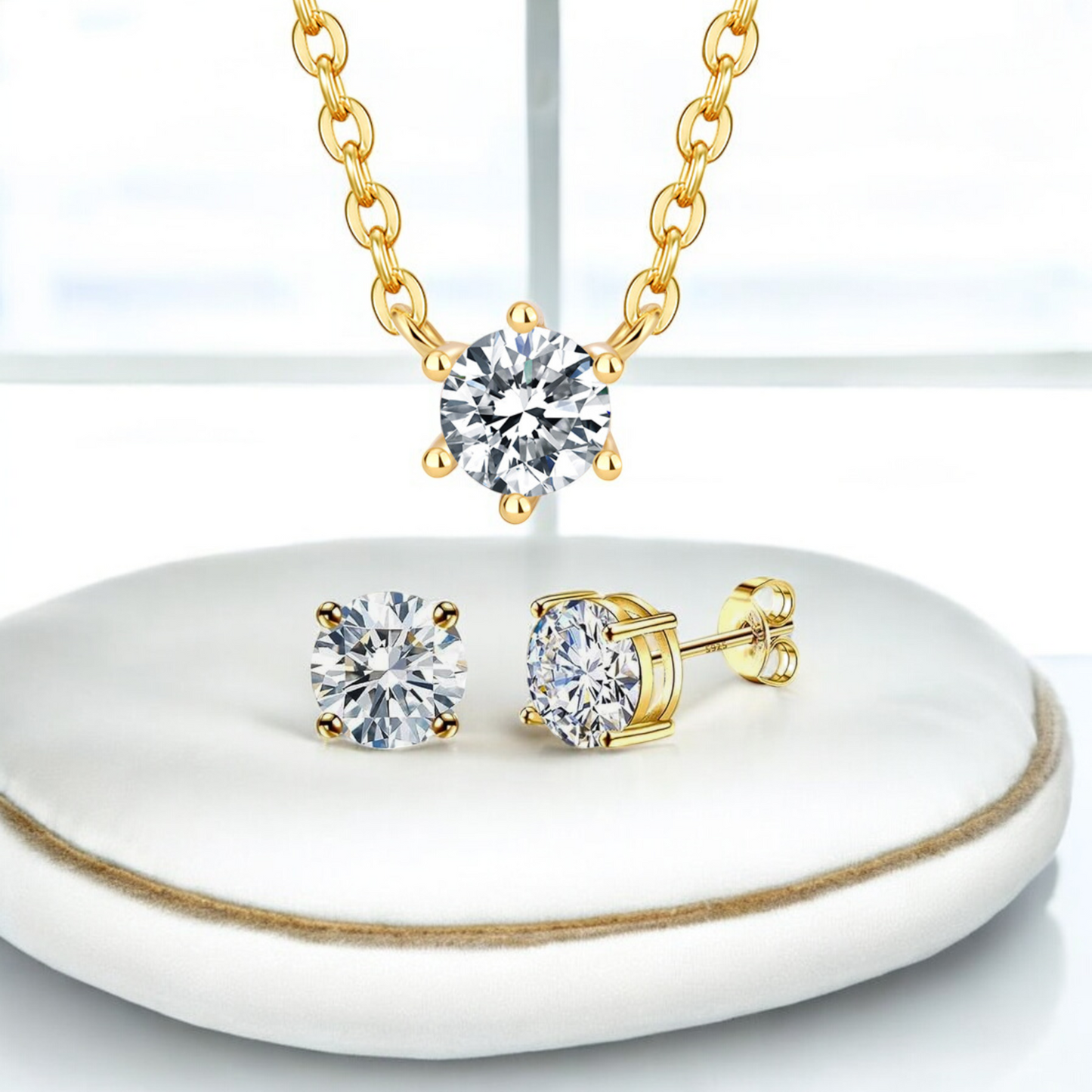 Sterling Silver Necklace and Stud Earring Set 14K Yellow Gold Plated