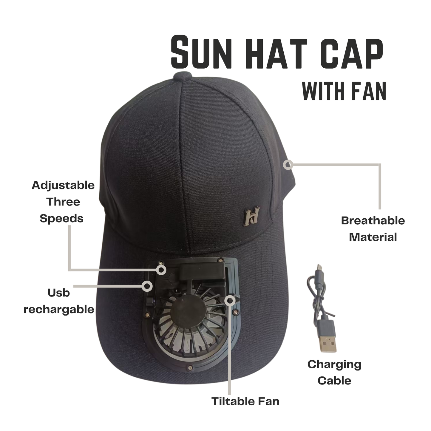 Sun Hat with Cooling Fan Baseball Cap Breathable USB Rechargeable