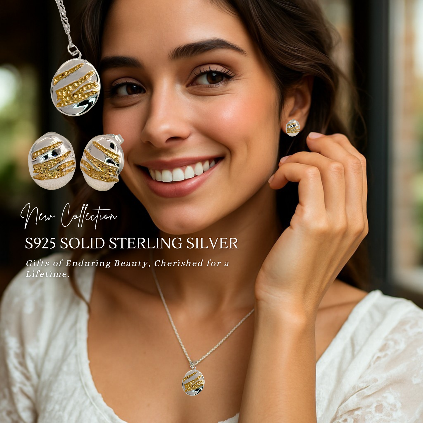 S925 Sterling Silver Golden Ridge Necklace & Earrings Jewellery Set