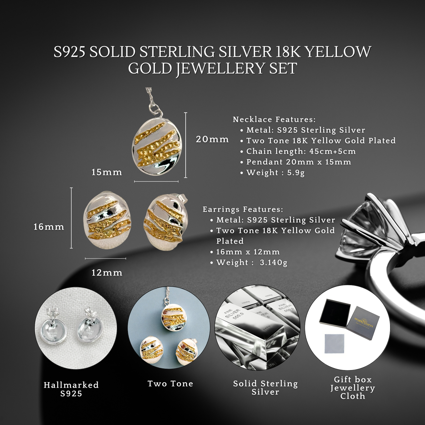 S925 Sterling Silver Golden Ridge Necklace & Earrings Jewellery Set