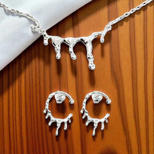 S925 Sterling Silver Molten Silver Drip Necklace & Earrings Jewellery Set