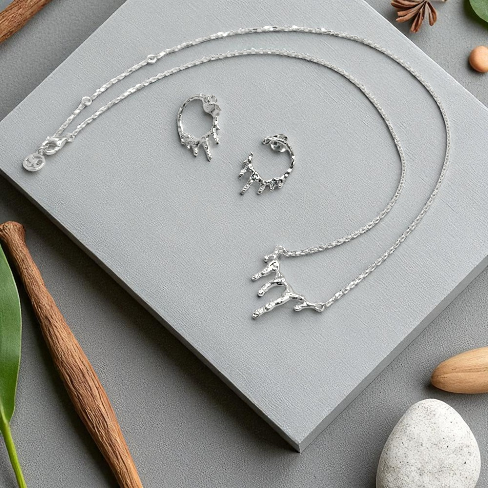S925 Sterling Silver Molten Silver Drip Necklace & Earrings Jewellery Set