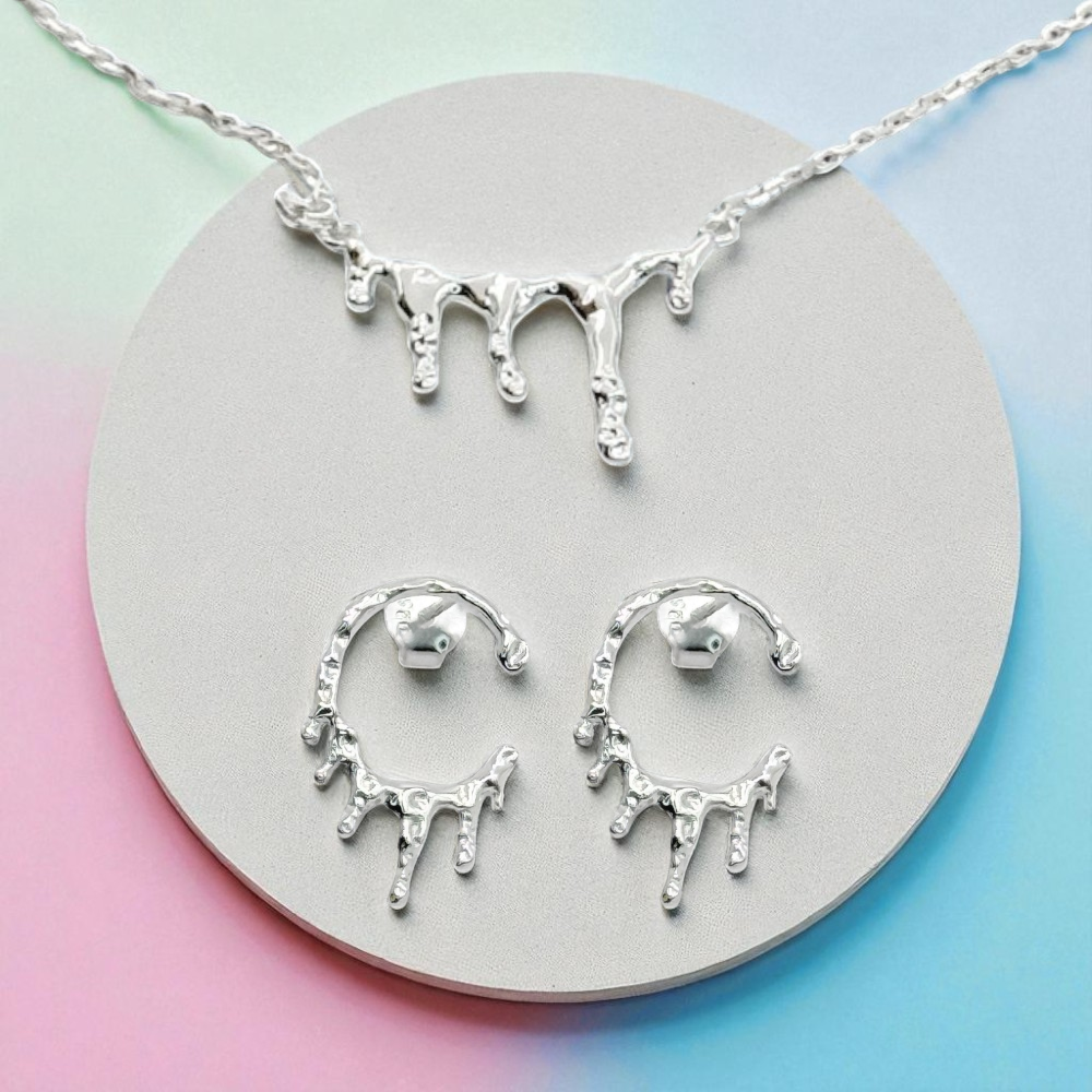 S925 Sterling Silver Molten Silver Drip Necklace & Earrings Jewellery Set