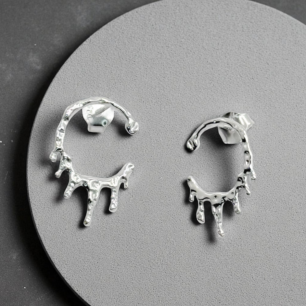 S925 Sterling Silver Molten Silver Drip Necklace & Earrings Jewellery Set