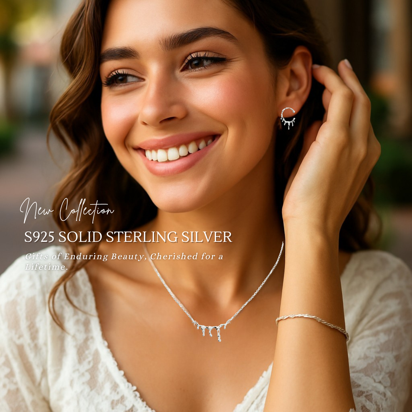 S925 Sterling Silver Molten Silver Drip Necklace & Earrings Jewellery Set