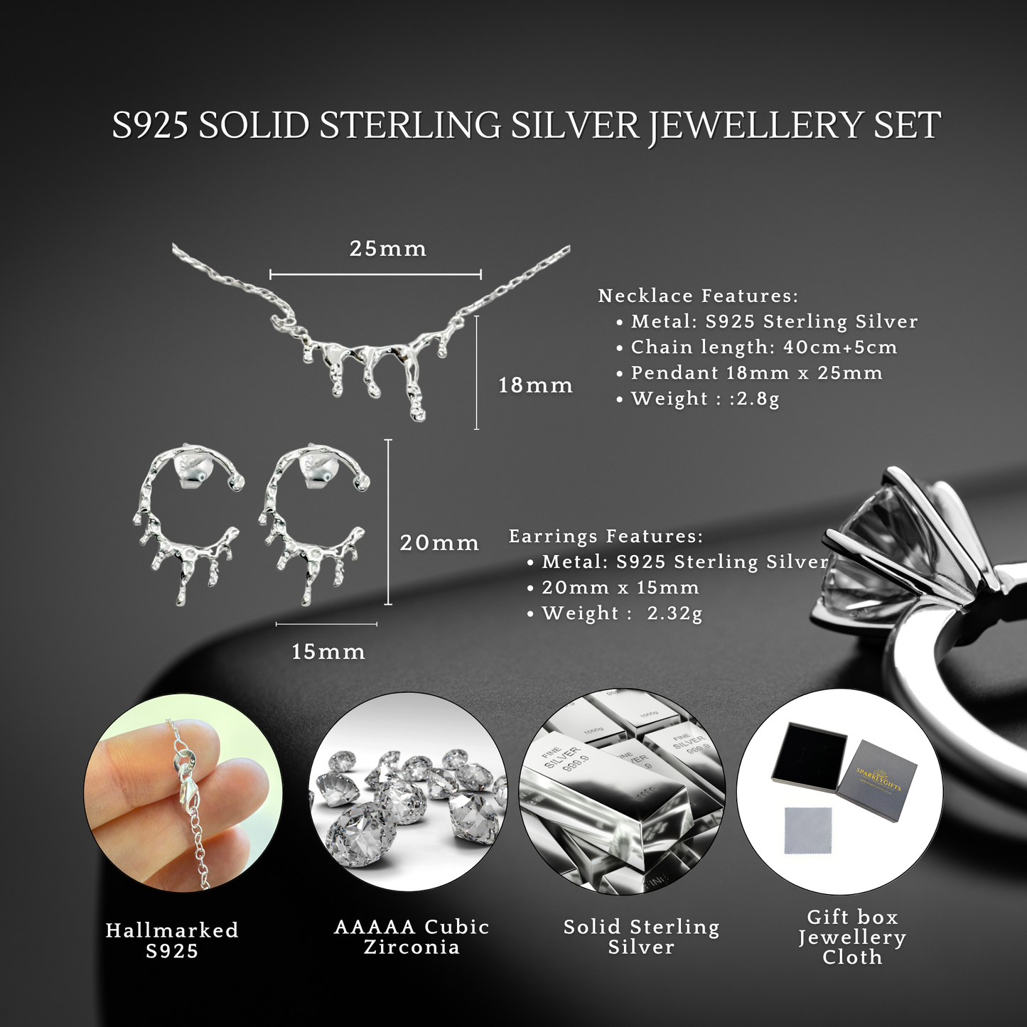 S925 Sterling Silver Molten Silver Drip Necklace & Earrings Jewellery Set