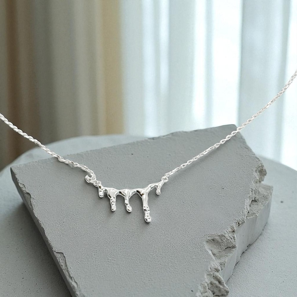 S925 Sterling Silver Molten Silver Drip Necklace & Earrings Jewellery Set