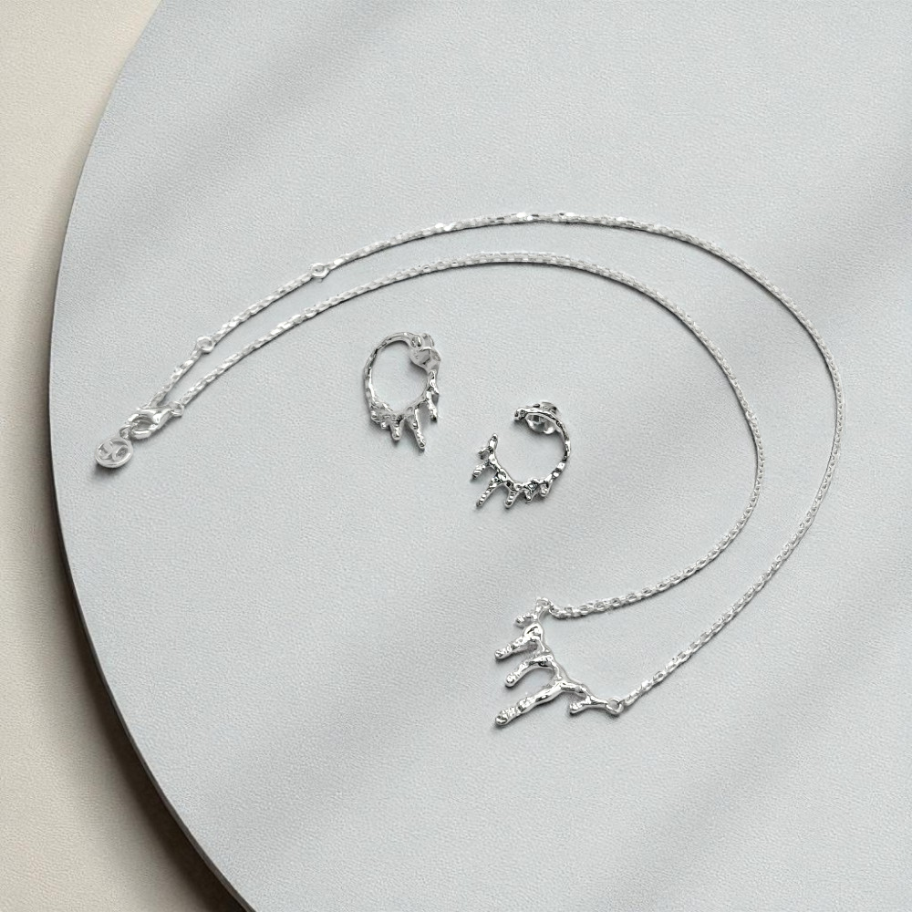 S925 Sterling Silver Molten Silver Drip Necklace & Earrings Jewellery Set