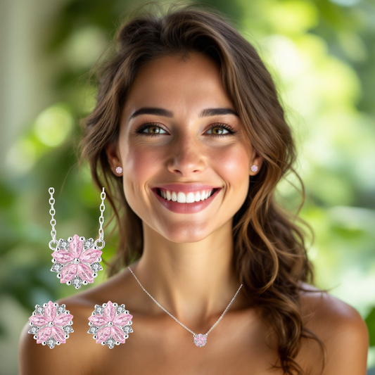 S925 Sterling Silver Pink Flower Necklace Earrings Jewellery Set