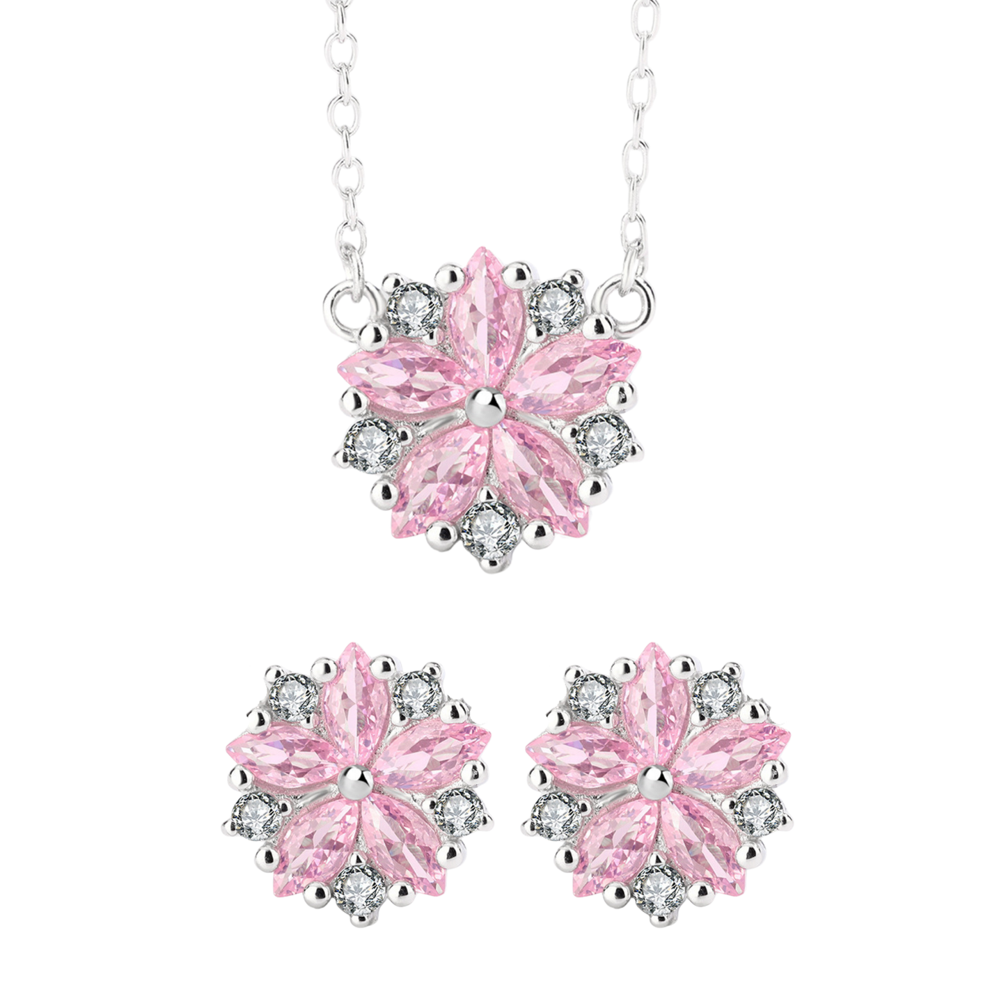 S925 Sterling Silver Pink Flower Necklace Earrings Jewellery Set