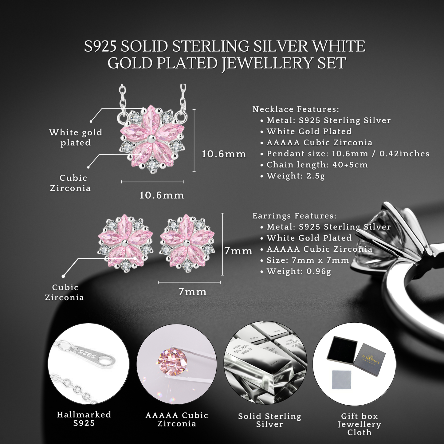 S925 Sterling Silver Pink Flower Necklace Earrings Jewellery Set