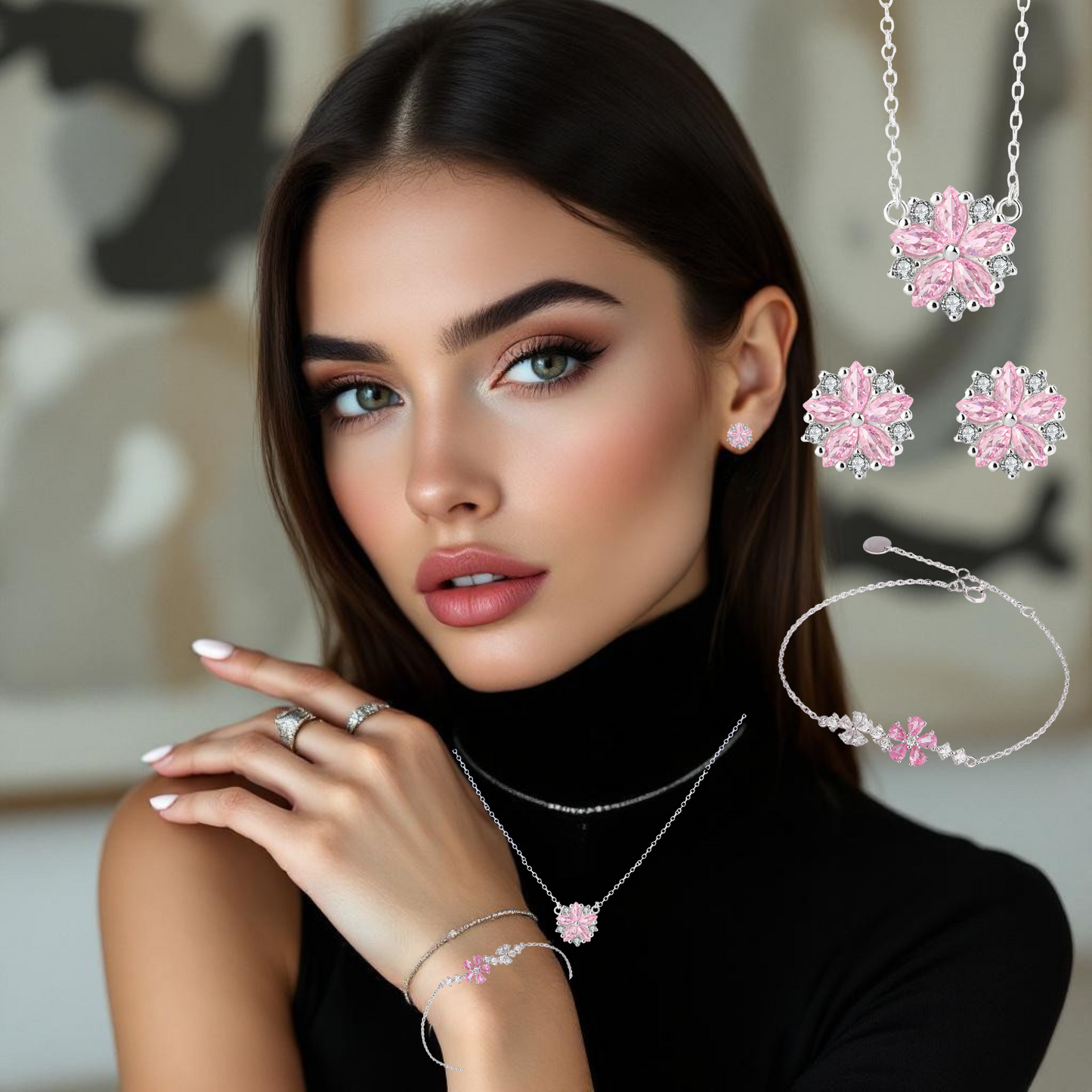 S925 Sterling Silver Pink Flower Necklace Earrings Bracelet Jewellery Tri Set