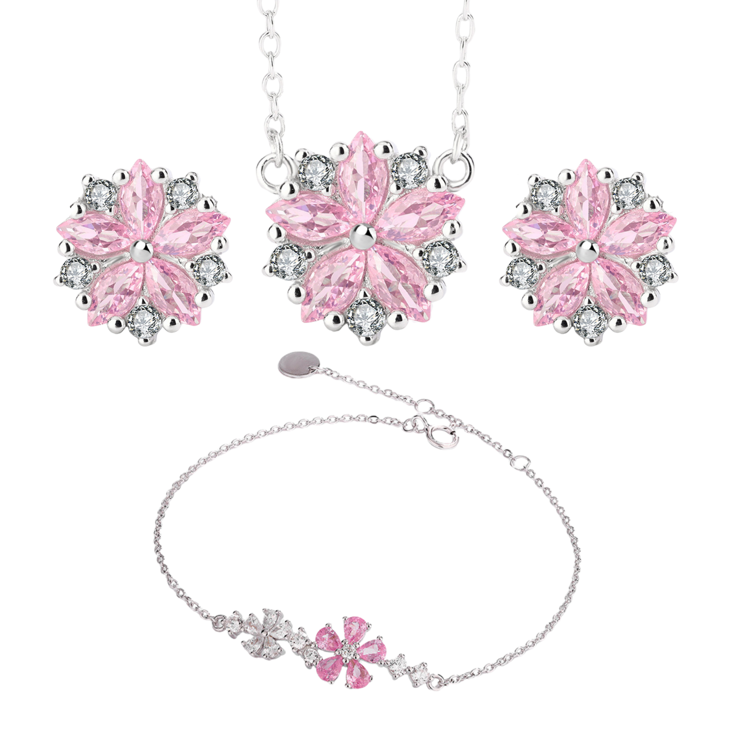 S925 Sterling Silver Pink Flower Necklace Earrings Bracelet Jewellery Tri Set