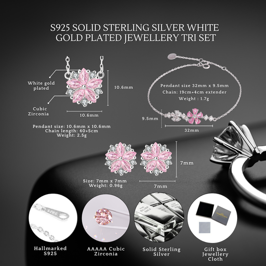 S925 Sterling Silver Pink Flower Necklace Earrings Bracelet Jewellery Tri Set