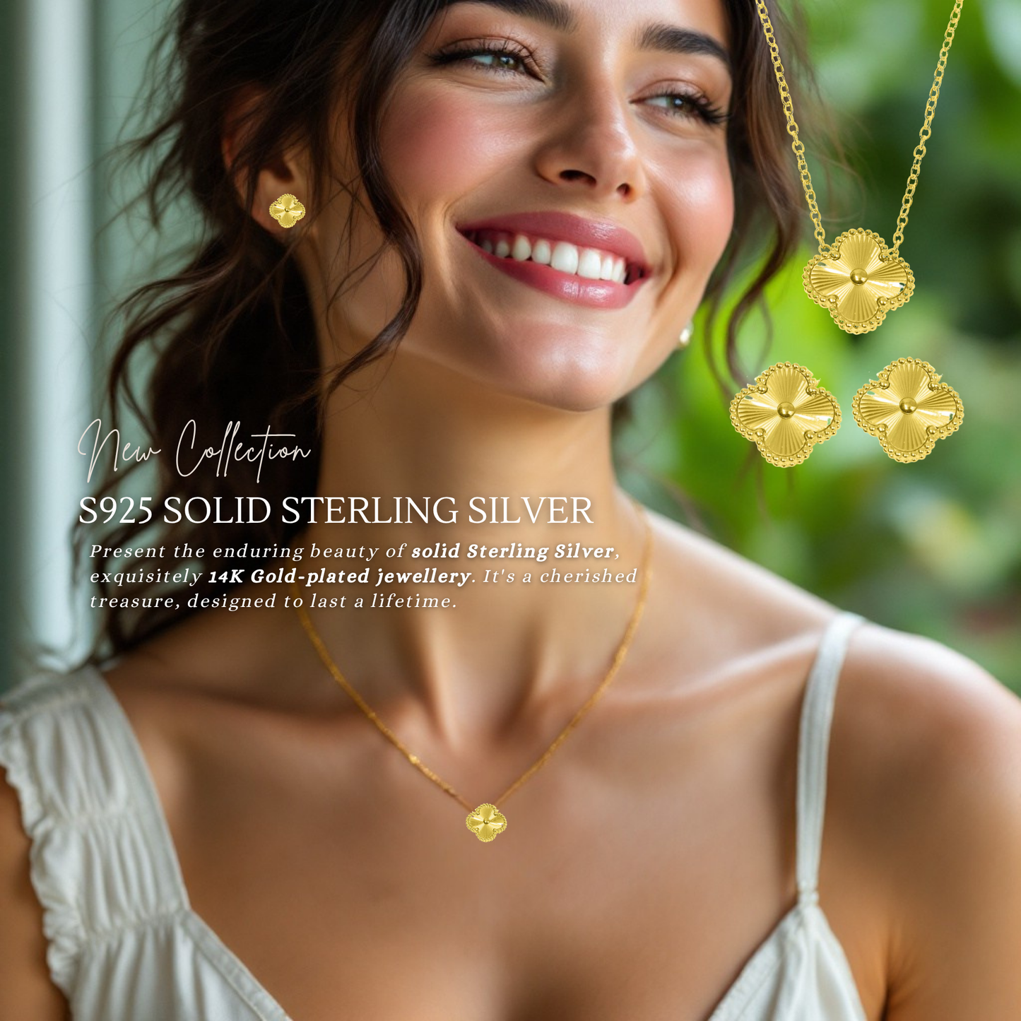 S925 Sterling Silver Clover Necklace & Earrings Jewellery Set