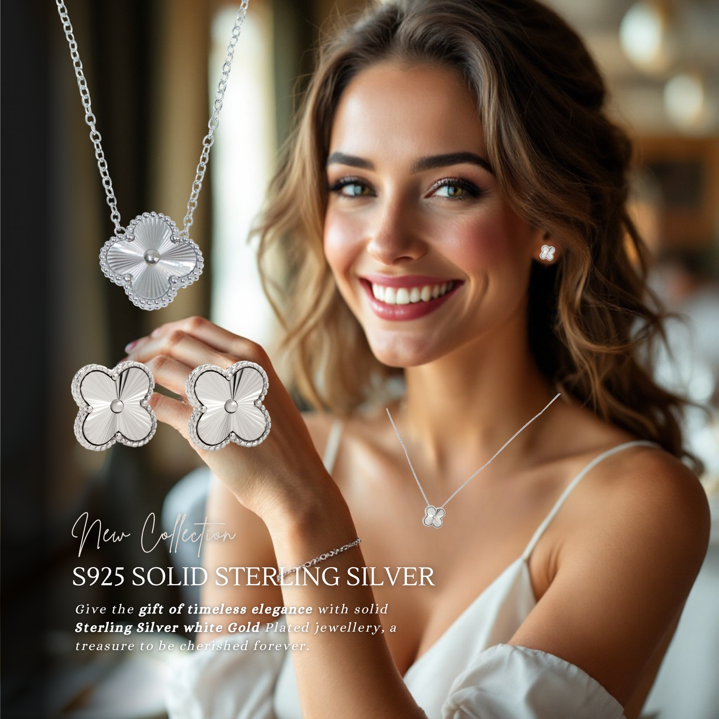 S925 Sterling Silver Clover Necklace & Earrings Jewellery Set