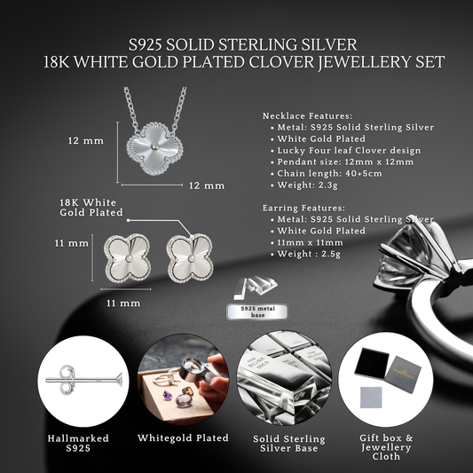 S925 Sterling Silver Clover Necklace & Earrings Jewellery Set