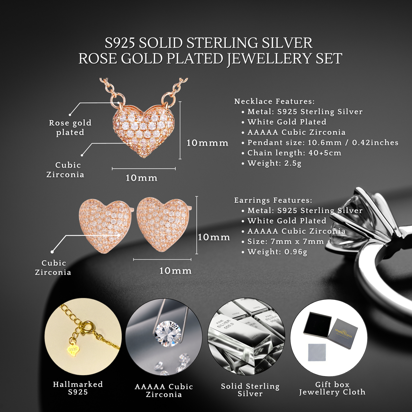 S925 Sterling Silver Pave Heart Rose Gold Plated Jewellery Set