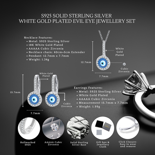 S925 Sterling Silver Evil Eye Necklace Earrings Jewellery Set