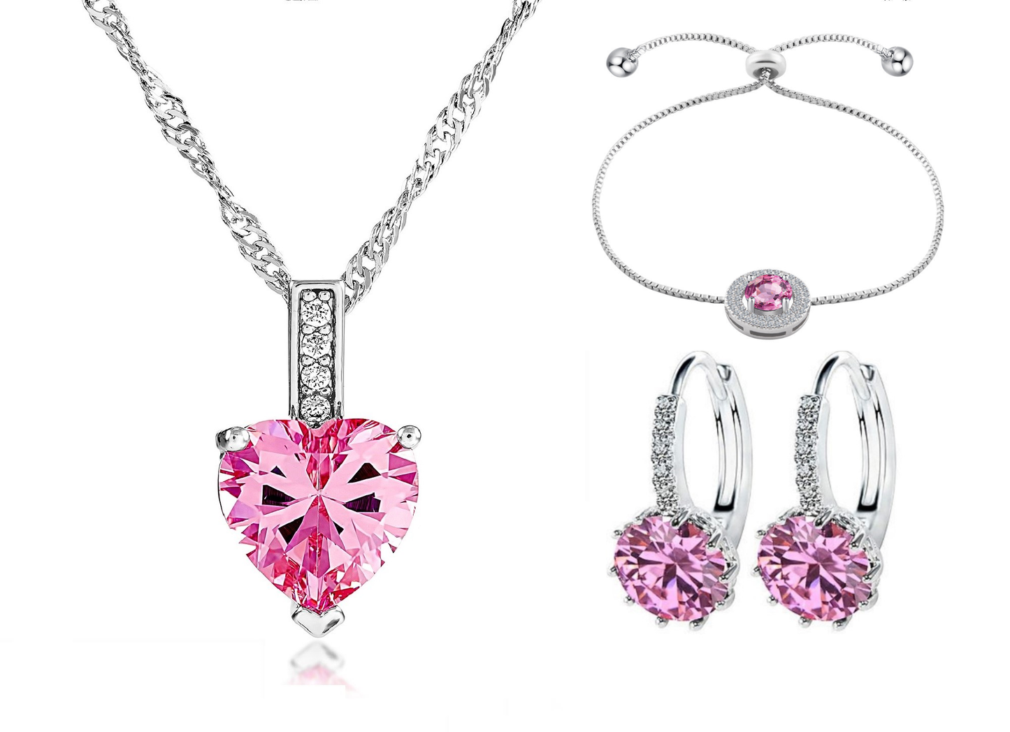 Necklace Earrings and Bracelet Pink JewelleryTri-Set