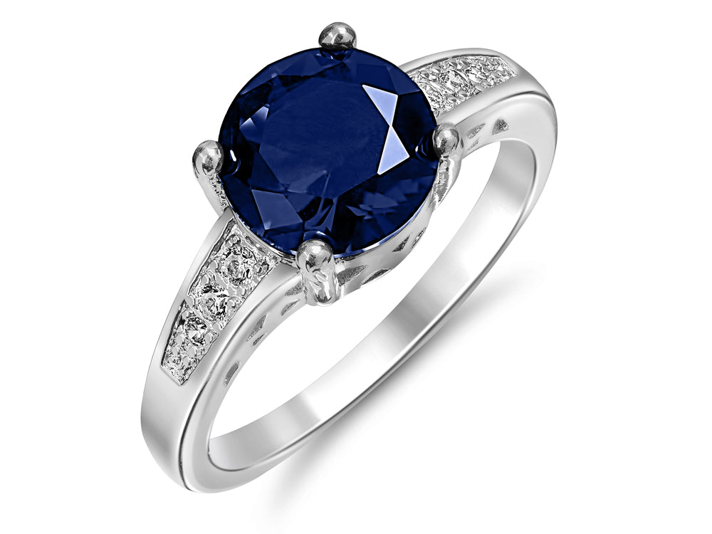 Rhodium Plated Blue Cubic Zirconia Ring