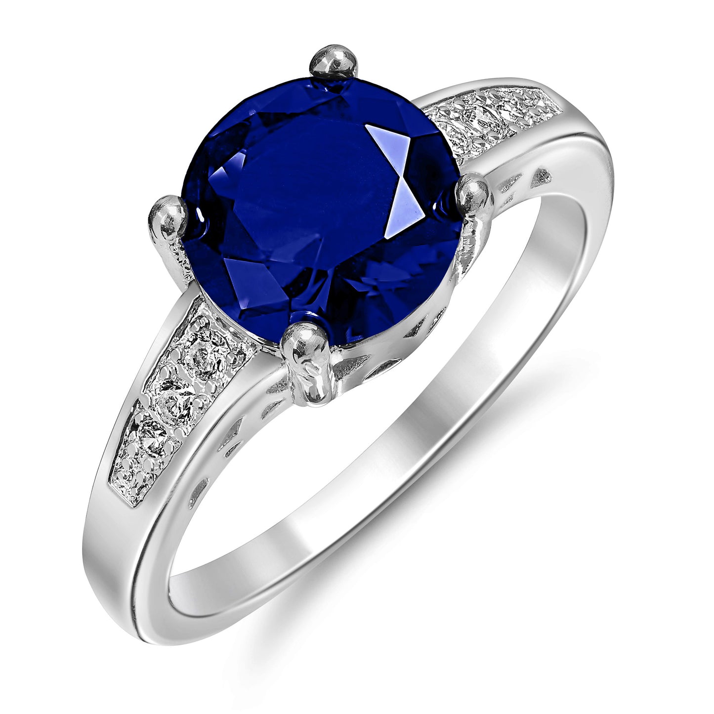 Rhodium Plated Blue Cubic Zirconia Ring