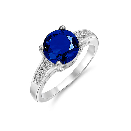 Rhodium Plated Blue Cubic Zirconia Ring