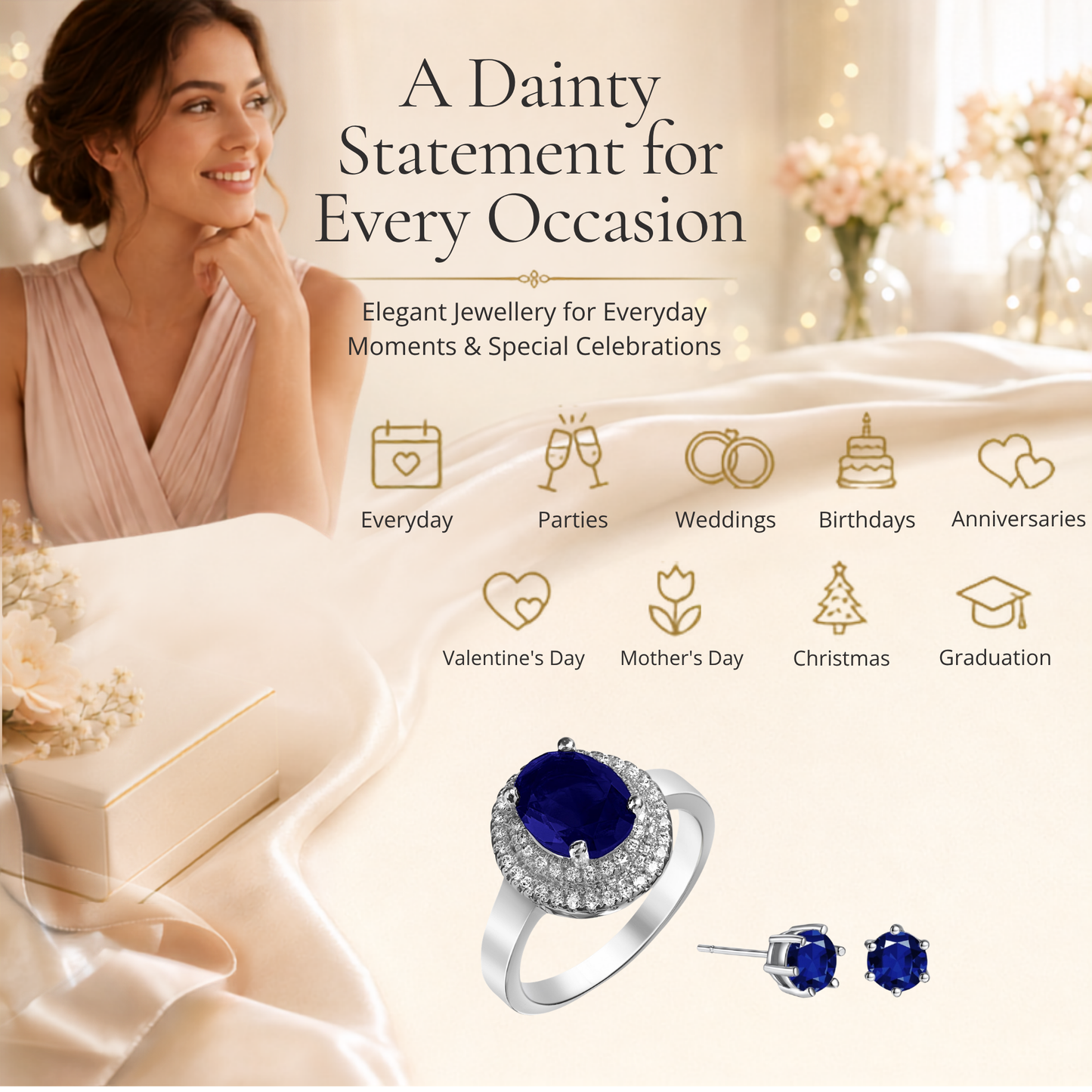 Blue Crystal Halo Ring and Stud Earrings Set