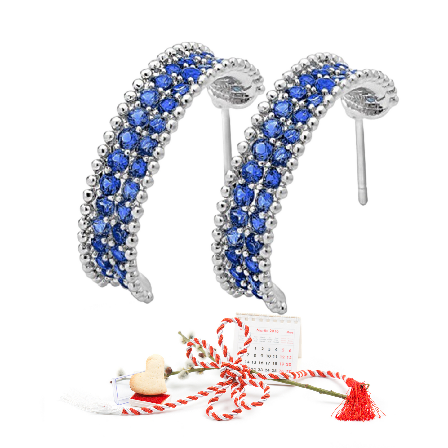 Elegant Curved Shape Blue Cubic Zirconia Crystal C Hoop Earrings
