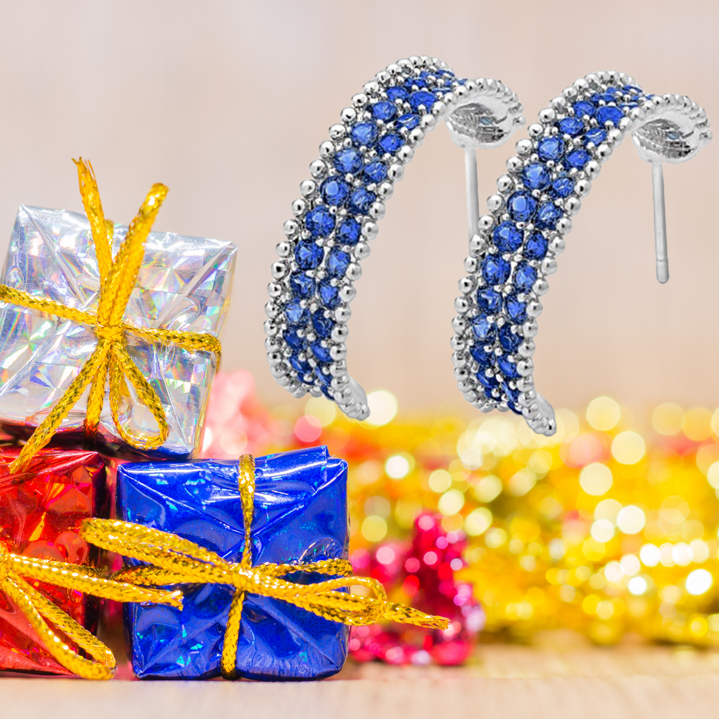 Elegant Curved Shape Blue Cubic Zirconia Crystal C Hoop Earrings