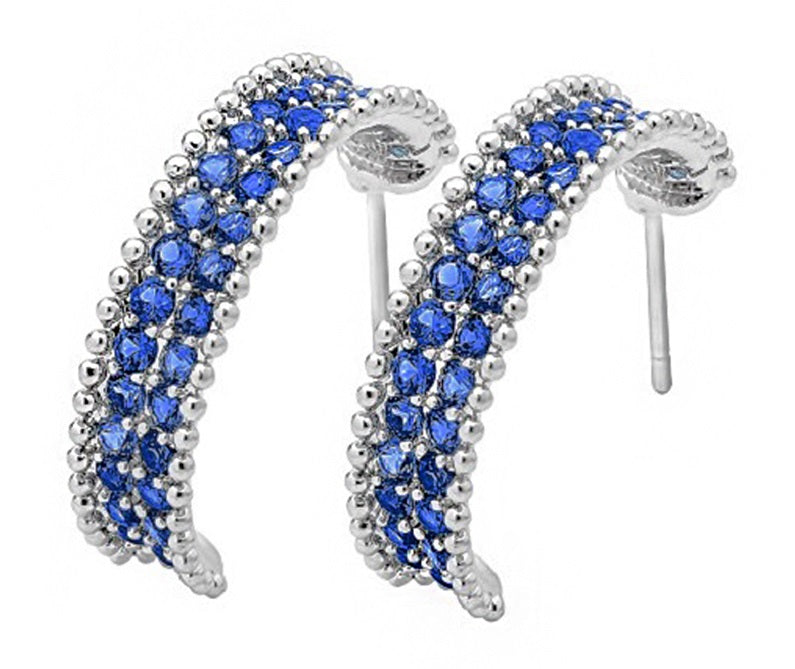 Elegant Curved Shape Blue Cubic Zirconia Crystal C Hoop Earrings