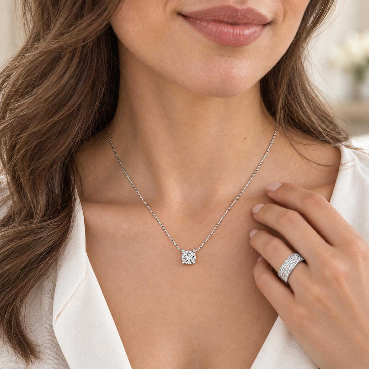 Solitaire Crystal Necklace and S925 Sterling Silver Band Ring Set