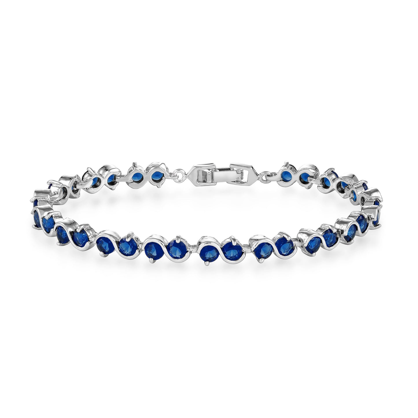 Rhodium Plated Link Bracelet with Royal Blue Cubic Zirconia