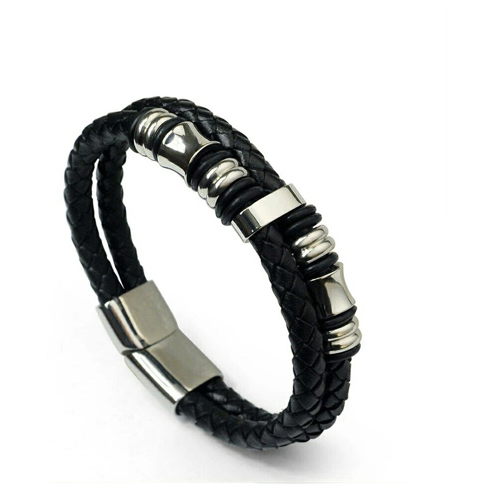 Men’s Genuine Leather Bracelet With Beads With Love Forever Engraved